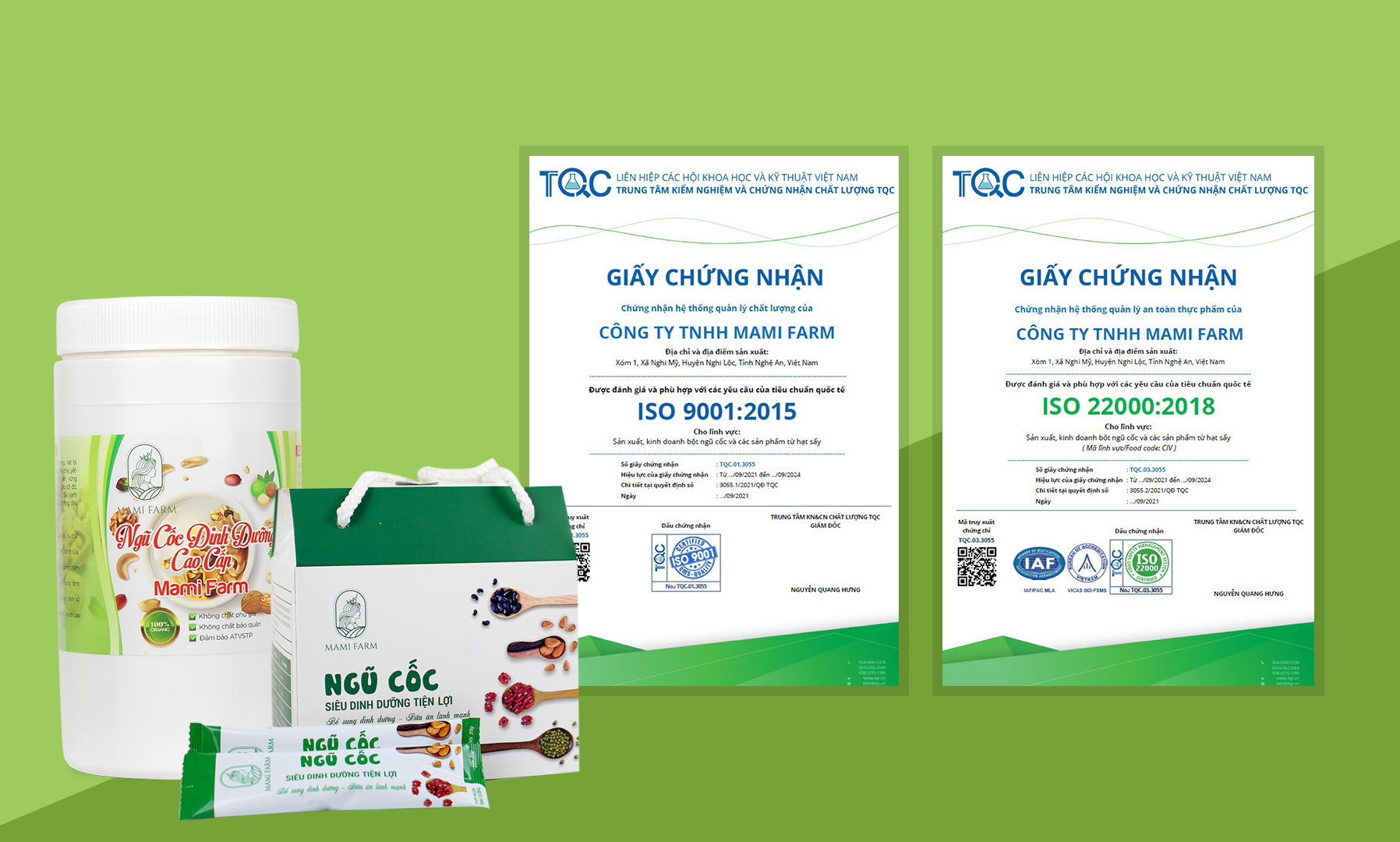 Ngũ cốc Mami Farm đạt chứng nhận ISO 9001:2015 và ISO 22000:2018